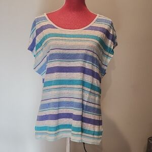 Talbots Blue and Purple Striped Linen Short Sleeve Top